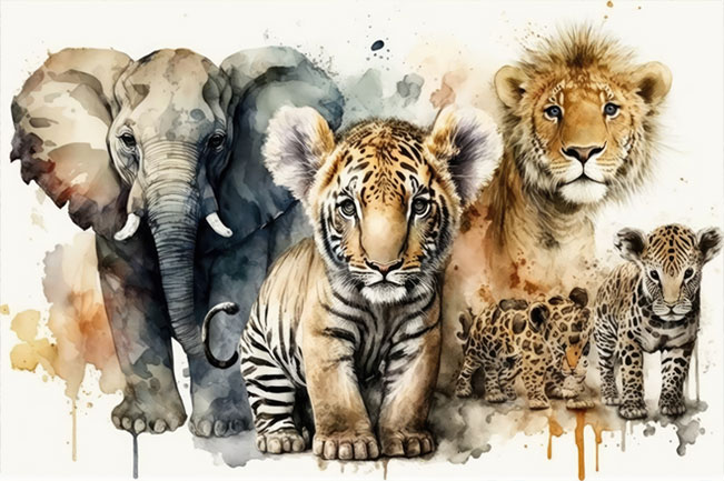 Papel pintado o fotomural ilustración acuarela elefante tigre y león